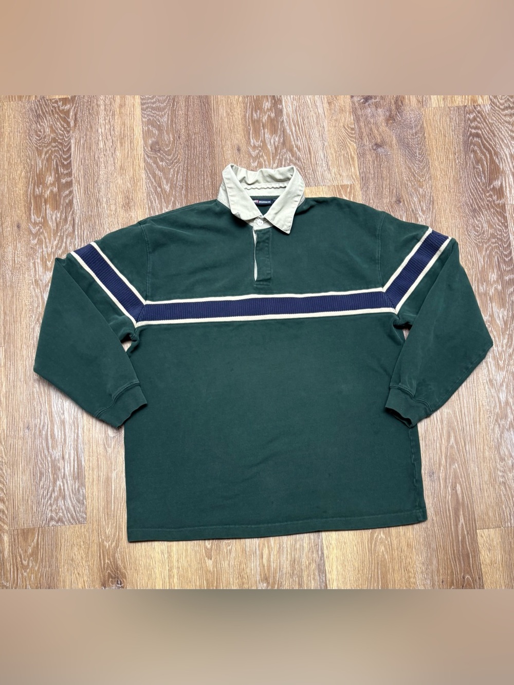 Faded Glory Dark Green Rugby Shirt with Cream Collar and Navy Stripe